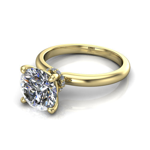 Quinn round solitaire engagement ring in 14K Yellow Gold with hidden halo and plain band, three-quarter perspective view
