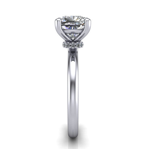 Quinn cushion solitaire engagement ring in 18K White Gold with hidden halo and plain band, side profile showing the plain band and hidden halo
