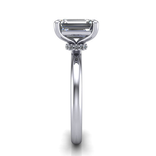 Quinn asscher solitaire engagement ring in 18K White Gold with hidden halo and plain band, side profile showing the plain band and hidden halo