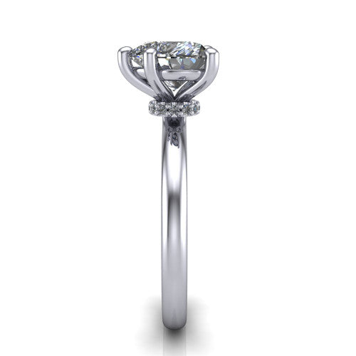 Quinn heart solitaire engagement ring in 14K White Gold with hidden halo and plain band, side profile showing the plain band and hidden halo