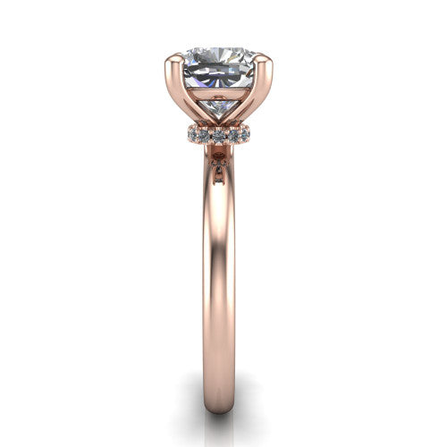 Quinn cushion solitaire engagement ring in 14K Rose Gold with hidden halo and plain band, side profile showing the plain band and hidden halo