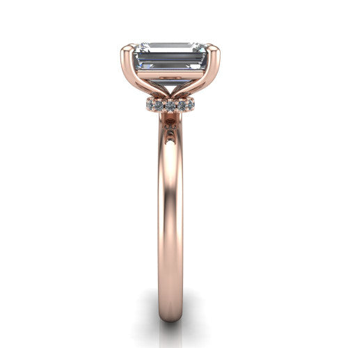 Quinn asscher solitaire engagement ring in 18K Rose Gold with hidden halo and plain band, side profile showing the plain band and hidden halo