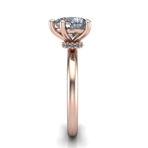 Quinn heart solitaire engagement ring in 18K Rose Gold with hidden halo and plain band, side profile showing the plain band and hidden halo