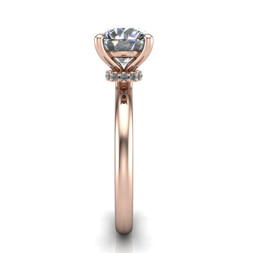 Quinn round solitaire engagement ring in 18K Rose Gold with hidden halo and plain band, side profile showing the plain band and hidden halo