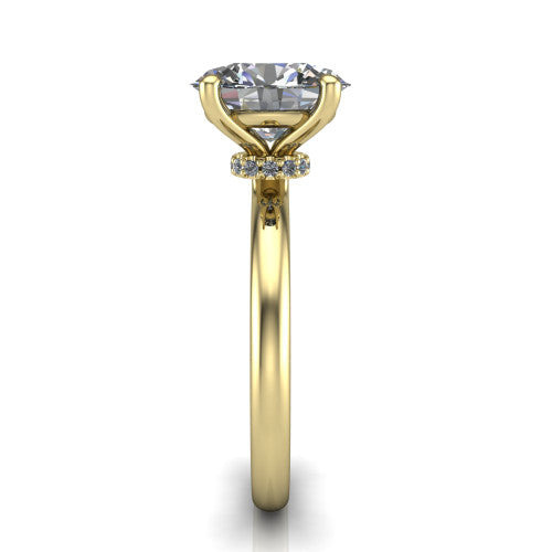 Quinn oval solitaire engagement ring in 14K Yellow Gold with hidden halo and plain band, side profile showing the plain band and hidden halo
