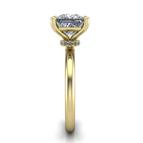 Quinn princess solitaire engagement ring in 18K Yellow Gold with hidden halo and plain band, side profile showing the plain band and hidden halo