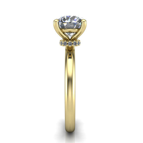 Quinn round solitaire engagement ring in 14K Yellow Gold with hidden halo and plain band, side profile showing the plain band and hidden halo