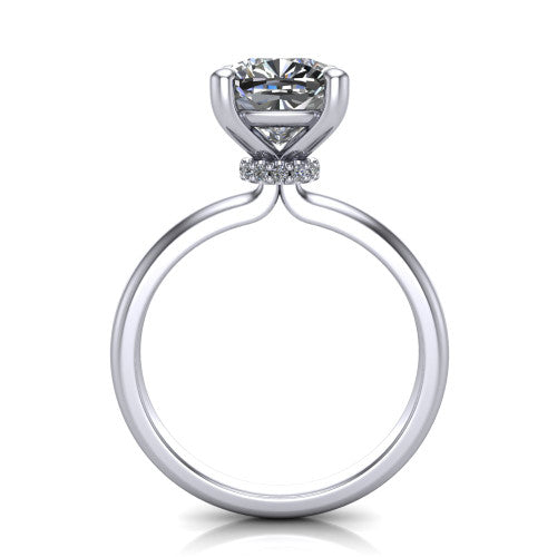 Quinn cushion solitaire engagement ring in 14K White Gold with hidden halo and plain band, through-finger front profile showing the hidden halo collar