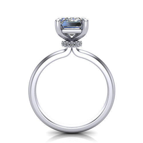 Quinn asscher solitaire engagement ring in 14K White Gold with hidden halo and plain band, through-finger front profile showing the hidden halo collar
