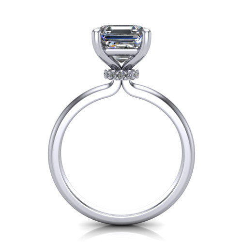 Quinn emerald solitaire engagement ring in 14K White Gold with hidden halo and plain band, through-finger front profile showing the hidden halo collar