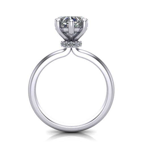 Quinn heart solitaire engagement ring in Platinum with hidden halo and plain band, through-finger front profile showing the hidden halo collar