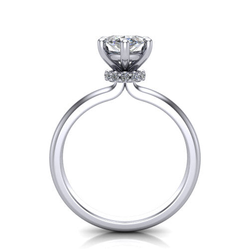 Quinn marquise solitaire engagement ring in Platinum with hidden halo and plain band, through-finger front profile showing the hidden halo collar