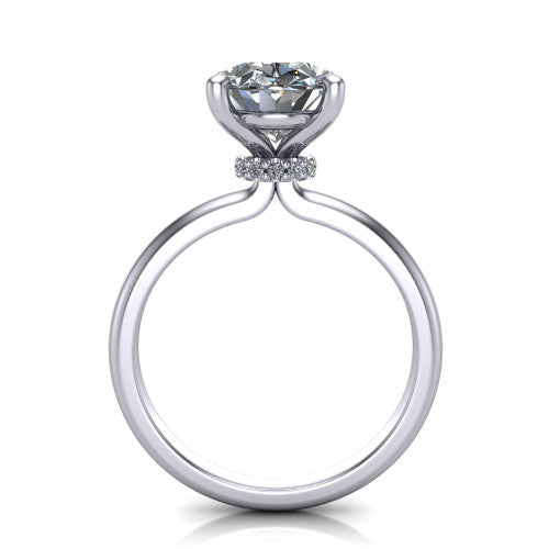 Quinn oval solitaire engagement ring in Platinum with hidden halo and plain band, through-finger front profile showing the hidden halo collar