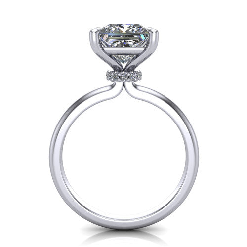 Quinn princess solitaire engagement ring in Platinum with hidden halo and plain band, through-finger front profile showing the hidden halo collar