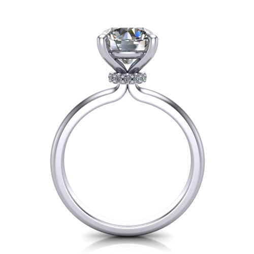Quinn round solitaire engagement ring in Platinum with hidden halo and plain band, through-finger front profile showing the hidden halo collar