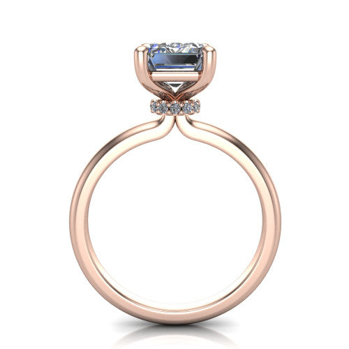 Quinn asscher solitaire engagement ring in 14K Rose Gold with hidden halo and plain band, through-finger front profile showing the hidden halo collar