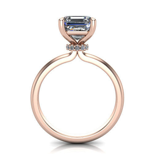 Quinn emerald solitaire engagement ring in 18K Rose Gold with hidden halo and plain band, through-finger front profile showing the hidden halo collar