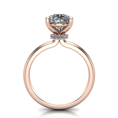 Quinn pear solitaire engagement ring in 14K Rose Gold with hidden halo and plain band, through-finger front profile showing the hidden halo collar