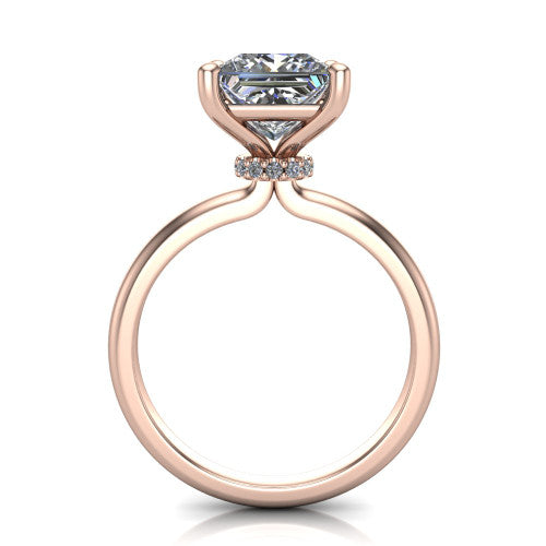 Quinn princess solitaire engagement ring in 14K Rose Gold with hidden halo and plain band, through-finger front profile showing the hidden halo collar