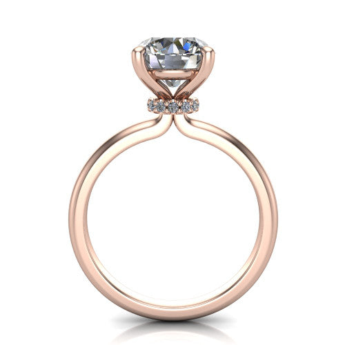 Quinn round solitaire engagement ring in 18K Rose Gold with hidden halo and plain band, through-finger front profile showing the hidden halo collar