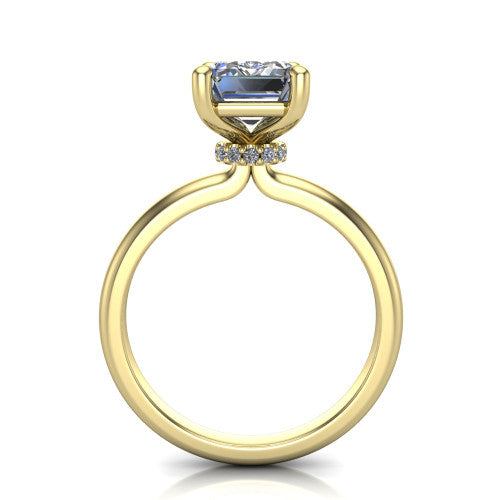 Quinn asscher solitaire engagement ring in 14K Yellow Gold with hidden halo and plain band, through-finger front profile showing the hidden halo collar