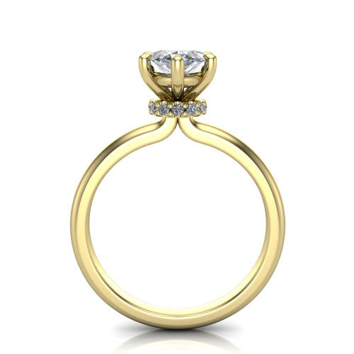 Quinn marquise solitaire engagement ring in 18K Yellow Gold with hidden halo and plain band, through-finger front profile showing the hidden halo collar