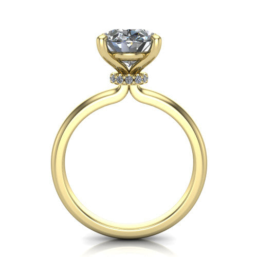 Quinn oval solitaire engagement ring in 14K Yellow Gold with hidden halo and plain band, through-finger front profile showing the hidden halo collar