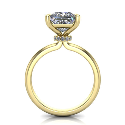 Quinn princess solitaire engagement ring in 14K Yellow Gold with hidden halo and plain band, through-finger front profile showing the hidden halo collar