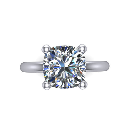 Quinn cushion solitaire engagement ring in Platinum with hidden halo and plain band, top-down view of the four-prong center and plain band