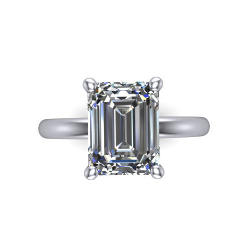 Quinn asscher solitaire engagement ring in Platinum with hidden halo and plain band, top-down view of the four-prong center and plain band