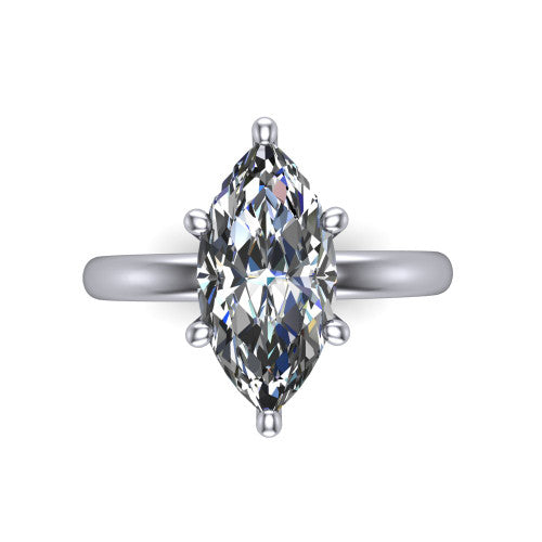 Quinn marquise solitaire engagement ring in Platinum with hidden halo and plain band, top-down view of the four-prong center and plain band