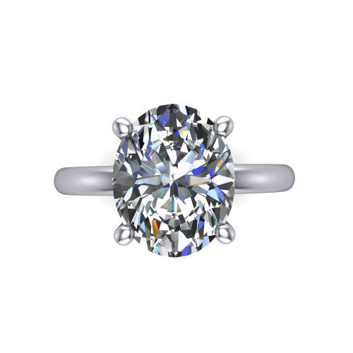 Quinn oval solitaire engagement ring in Platinum with hidden halo and plain band, top-down view of the four-prong center and plain band