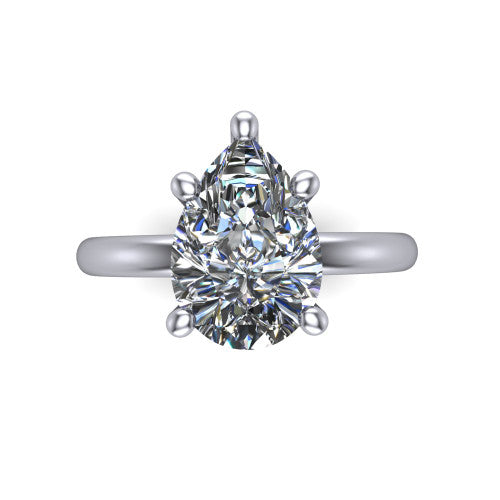 Quinn pear solitaire engagement ring in Platinum with hidden halo and plain band, top-down view of the four-prong center and plain band