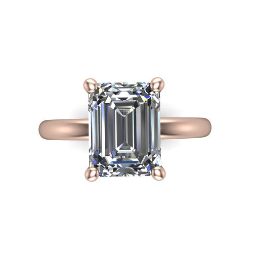 Quinn asscher solitaire engagement ring in 14K Rose Gold with hidden halo and plain band, top-down view of the four-prong center and plain band
