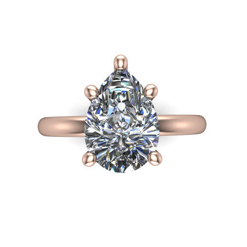 Quinn pear solitaire engagement ring in 14K Rose Gold with hidden halo and plain band, top-down view of the four-prong center and plain band
