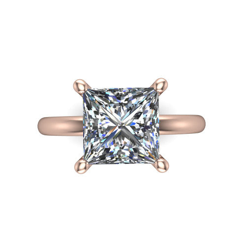 Quinn princess solitaire engagement ring in 18K Rose Gold with hidden halo and plain band, top-down view of the four-prong center and plain band