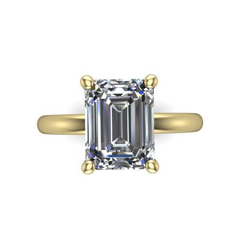 Quinn asscher solitaire engagement ring in 18K Yellow Gold with hidden halo and plain band, top-down view of the four-prong center and plain band