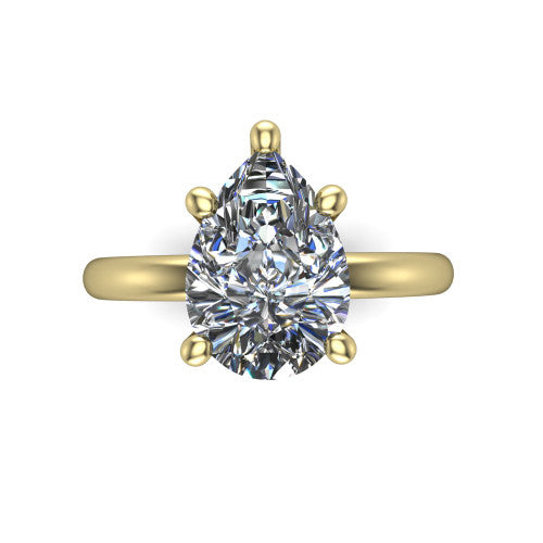 Quinn pear solitaire engagement ring in 18K Yellow Gold with hidden halo and plain band, top-down view of the four-prong center and plain band