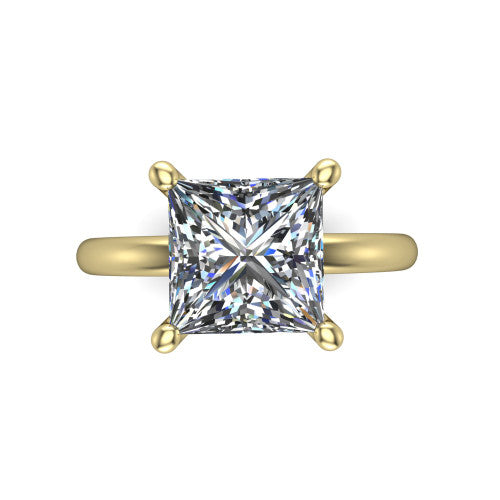 Quinn princess solitaire engagement ring in 14K Yellow Gold with hidden halo and plain band, top-down view of the four-prong center and plain band