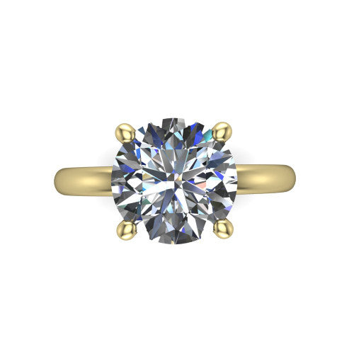 Quinn round solitaire engagement ring in 14K Yellow Gold with hidden halo and plain band, top-down view of the four-prong center and plain band