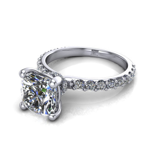 Clara cushion pavé engagement ring in Platinum with hidden halo and micro-pavé band, three-quarter perspective view