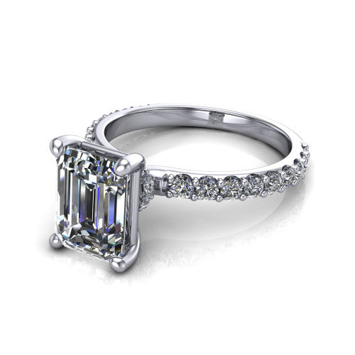 Clara emerald pavé engagement ring in 14K White Gold with hidden halo and micro-pavé band, three-quarter perspective view