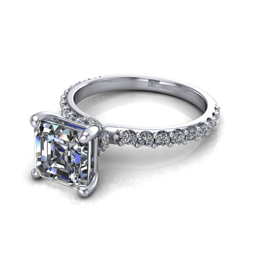 Clara asscher pavé engagement ring in 14K White Gold with hidden halo and micro-pavé band, three-quarter perspective view