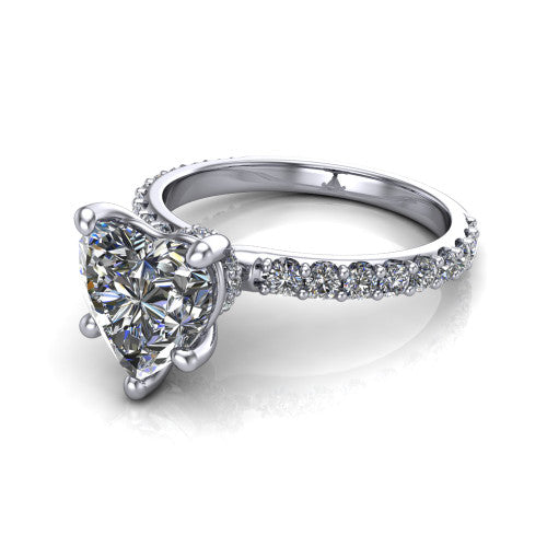 Clara heart pavé engagement ring in 18K White Gold with hidden halo and micro-pavé band, three-quarter perspective view
