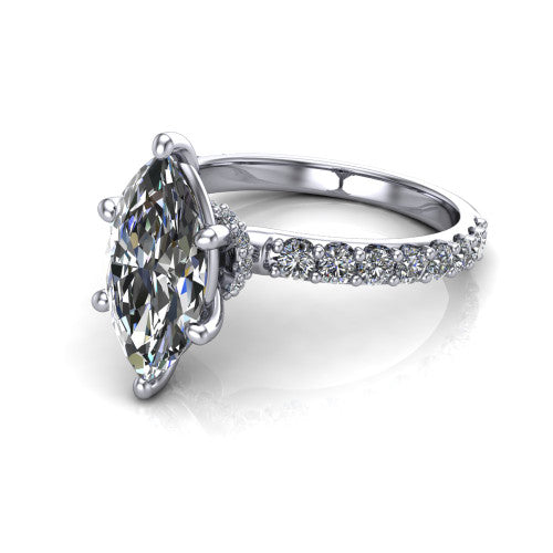 Clara marquise pavé engagement ring in 18K White Gold with hidden halo and micro-pavé band, three-quarter perspective view