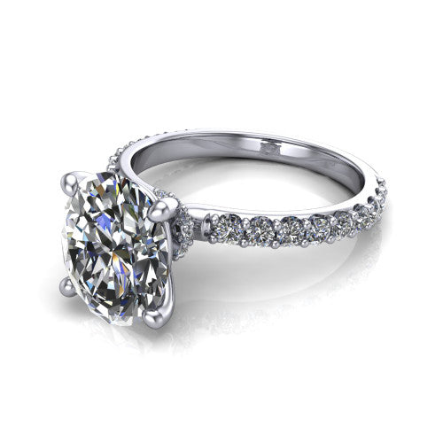 Clara oval pavé engagement ring in 14K White Gold with hidden halo and micro-pavé band, three-quarter perspective view