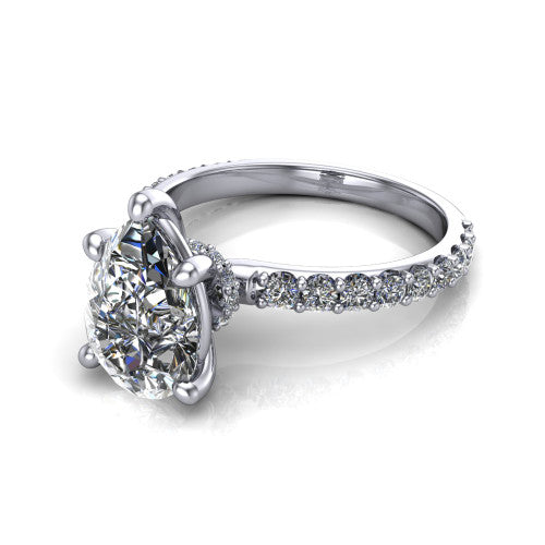 Clara pear pavé engagement ring in 14K White Gold with hidden halo and micro-pavé band, three-quarter perspective view