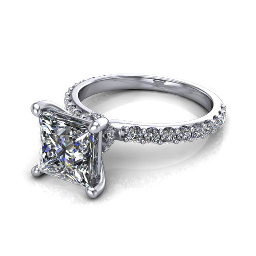Clara princess pavé engagement ring in 18K White Gold with hidden halo and micro-pavé band, three-quarter perspective view