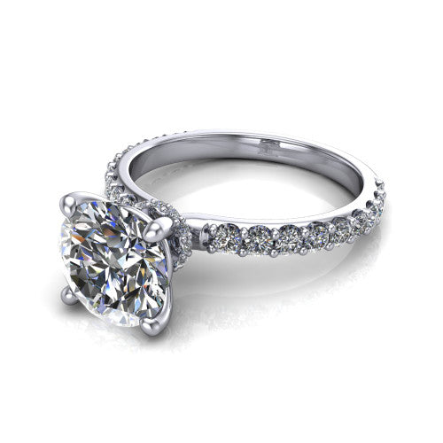Clara round pavé engagement ring in 14K White Gold with hidden halo and micro-pavé band, three-quarter perspective view
