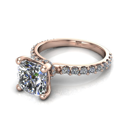 Clara cushion pavé engagement ring in 14K Rose Gold with hidden halo and micro-pavé band, three-quarter perspective view